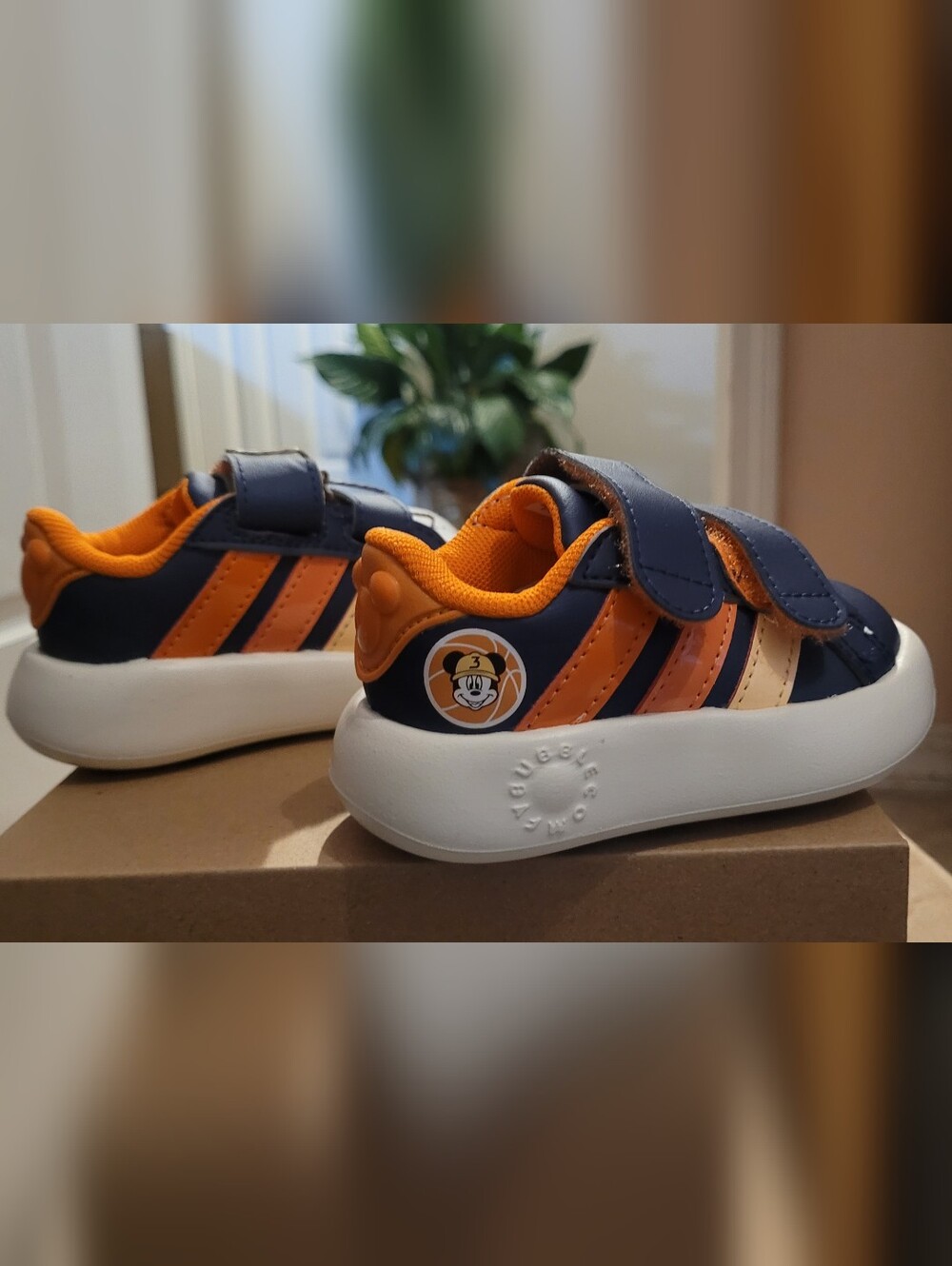Adidas Mickey Court Kids Navy & Orange Velcro Sneakers with Character Patch